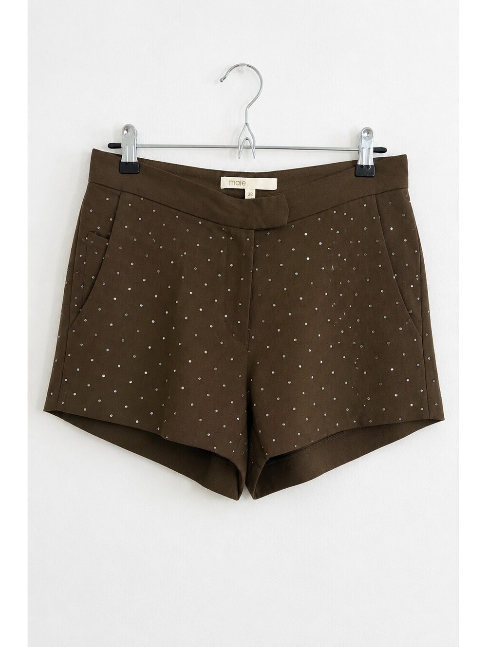 Maje Rhinestone Embellished Brown High Rise Shorts Size 38